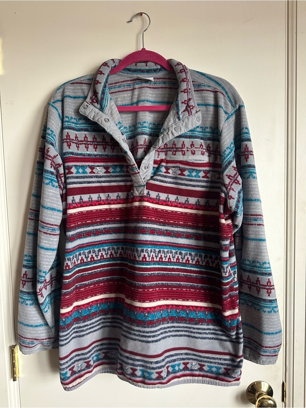 Columbia Grey Pullover Sweater with Red and Teal Stripes
